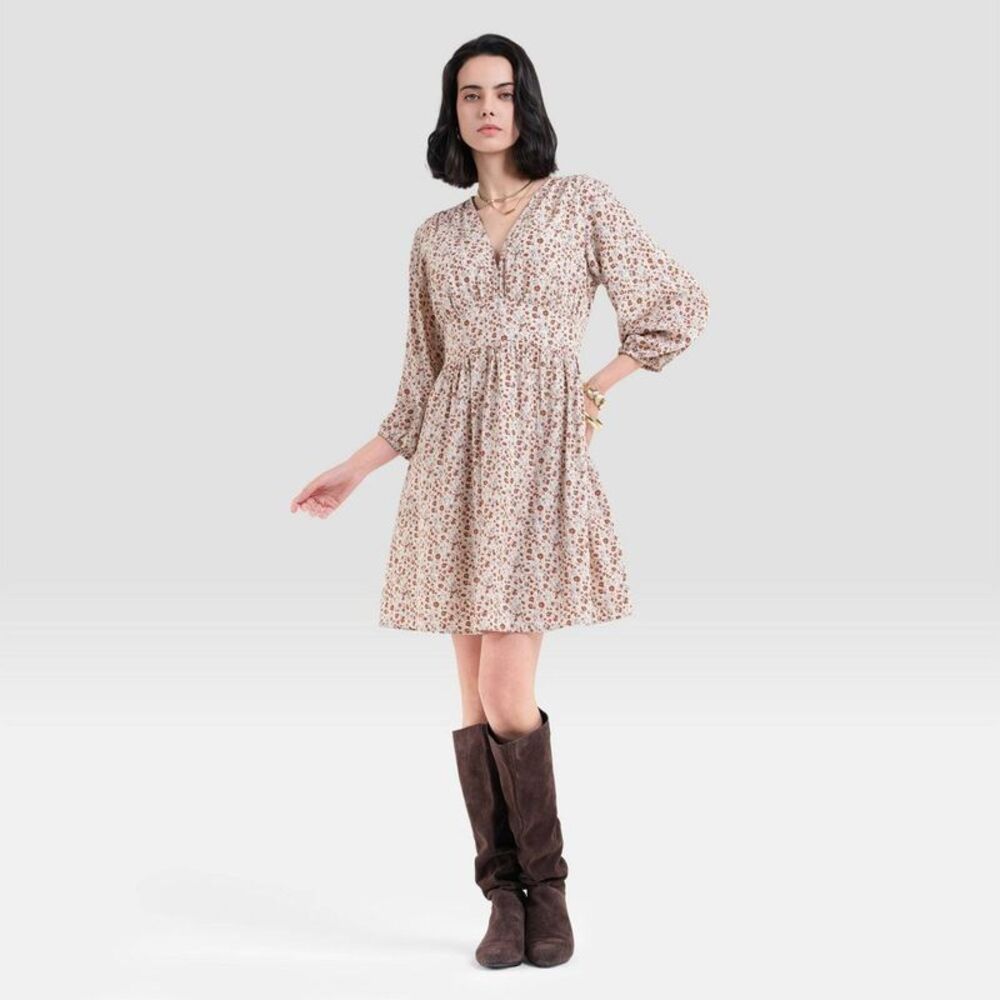 Women's Bishop 3/4 Sleeve Mini Babydoll Dress - Universal Thread Beige Floral M